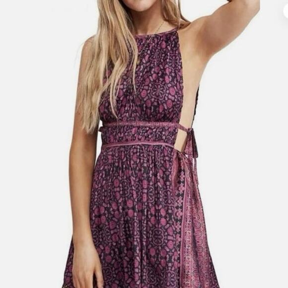 Free People Midsummers Day Printed Halter Dress Top XS Boho Purple Black - Picture 1 of 8